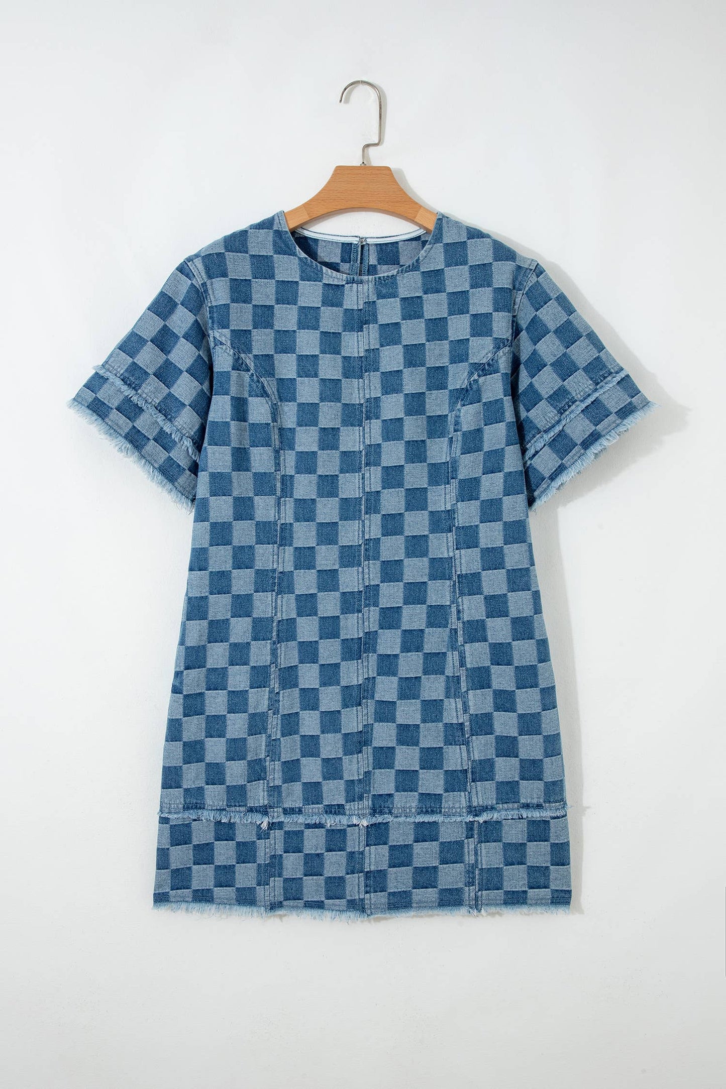 Checker Denim Frayed Hem Dress