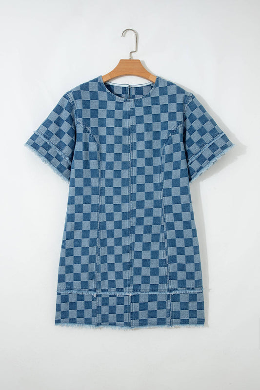 Checker Denim Frayed Hem Dress