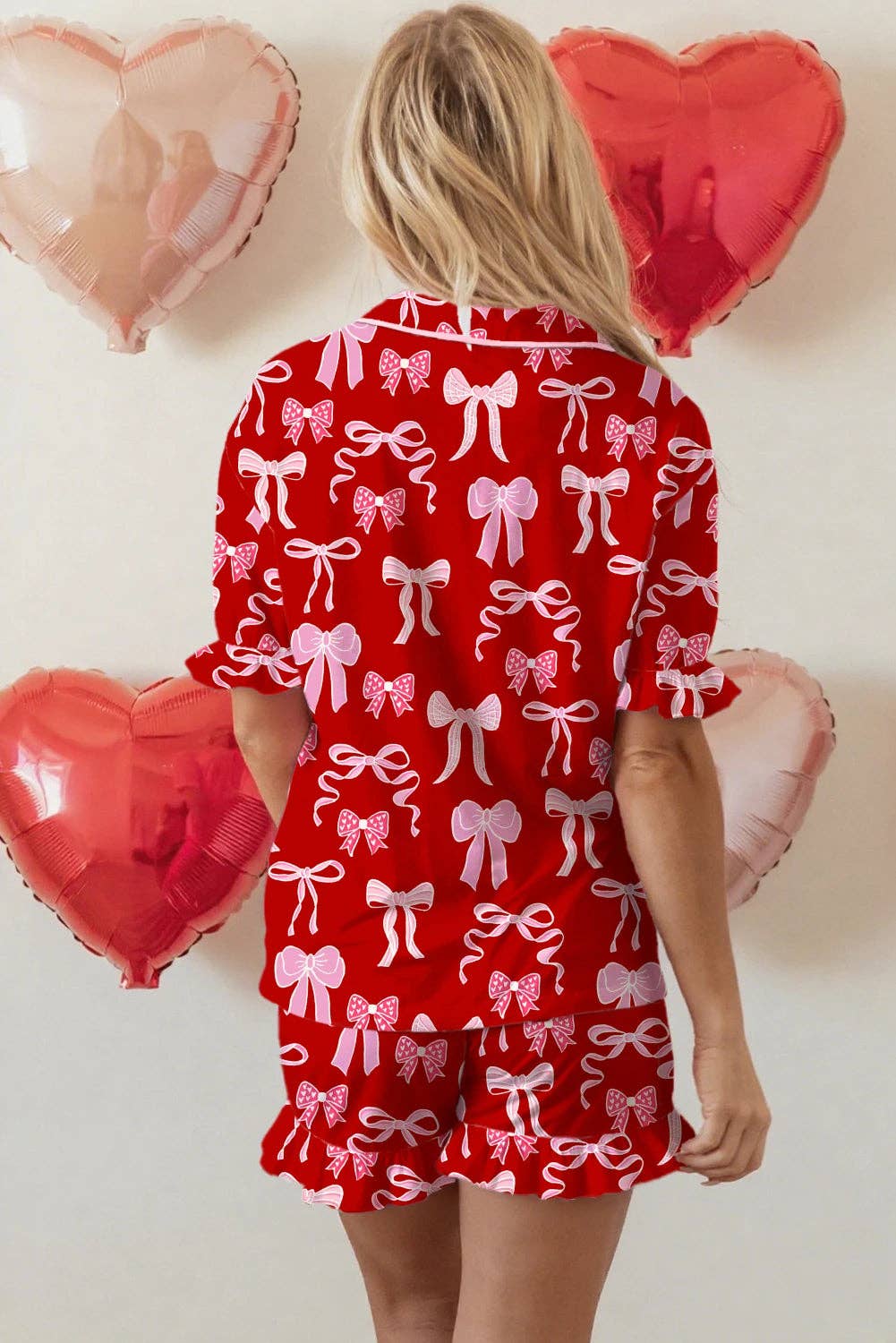 Red Sweet Bow Print Ruffled Pajama Set