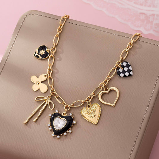 CHARM NECKLACE-BOW CHECKER HEART RHINESTONE