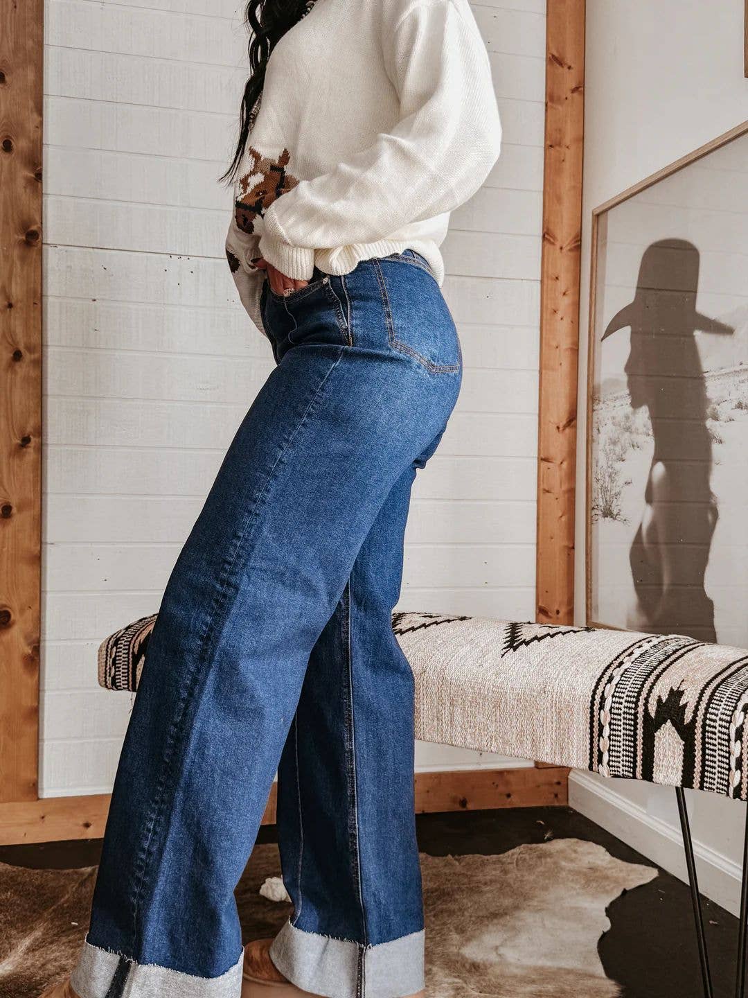 Hem Wide-Leg Front Seam Jeans