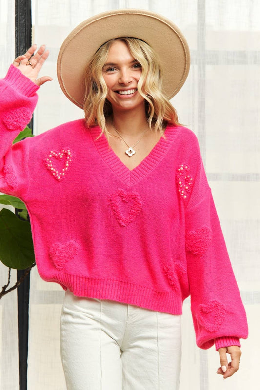 V- NECK GIITTER HEART SWEATER TOP