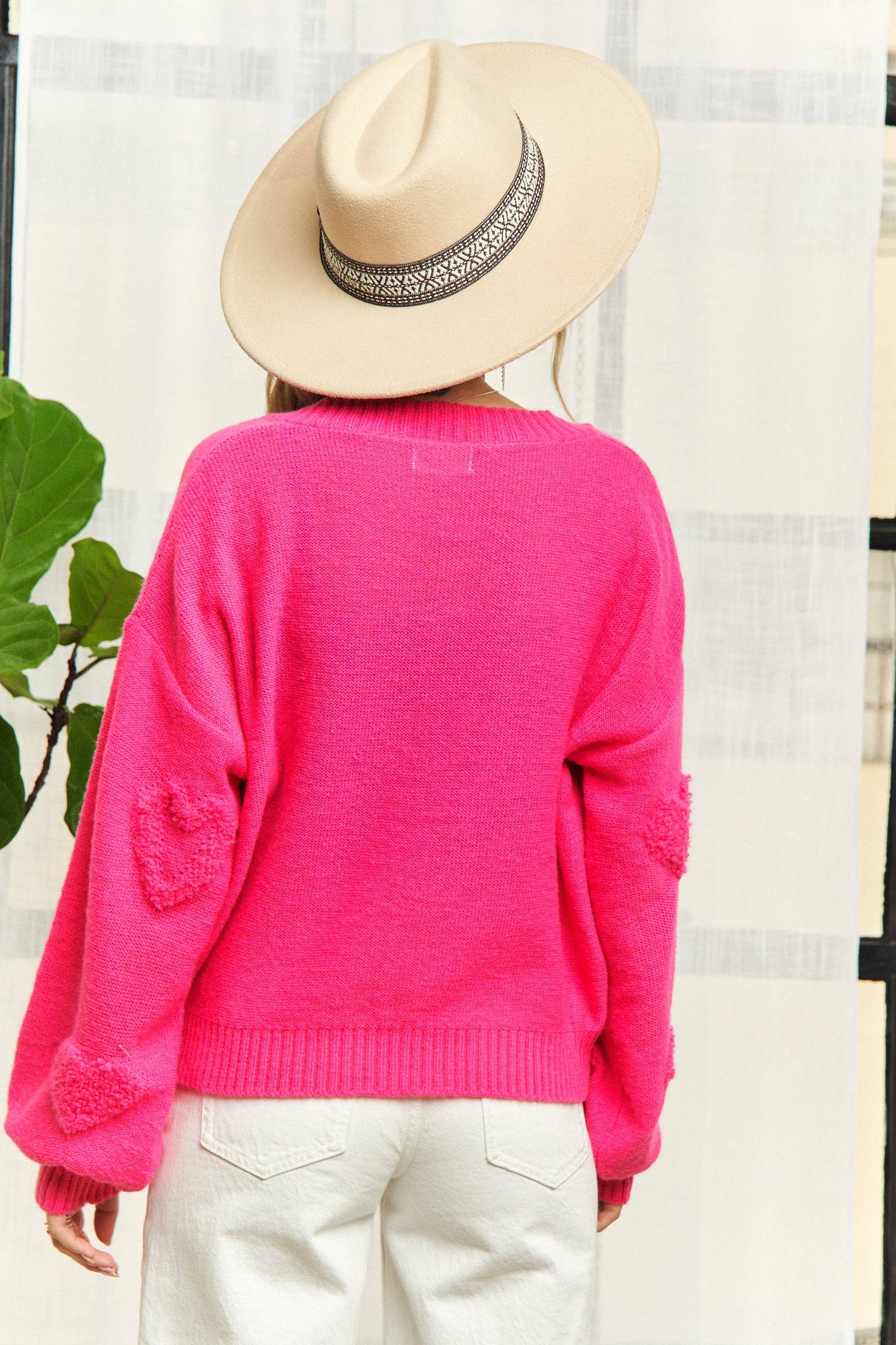 V- NECK GIITTER HEART SWEATER TOP