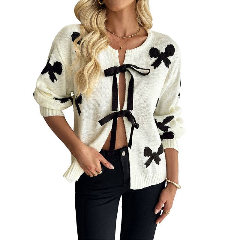 Sweet Bow Knitted Long-sleeved Cardigan