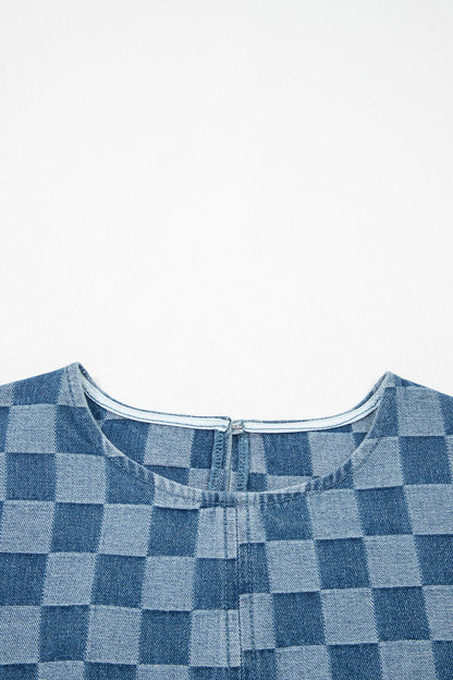 Checker Denim Frayed Hem Dress