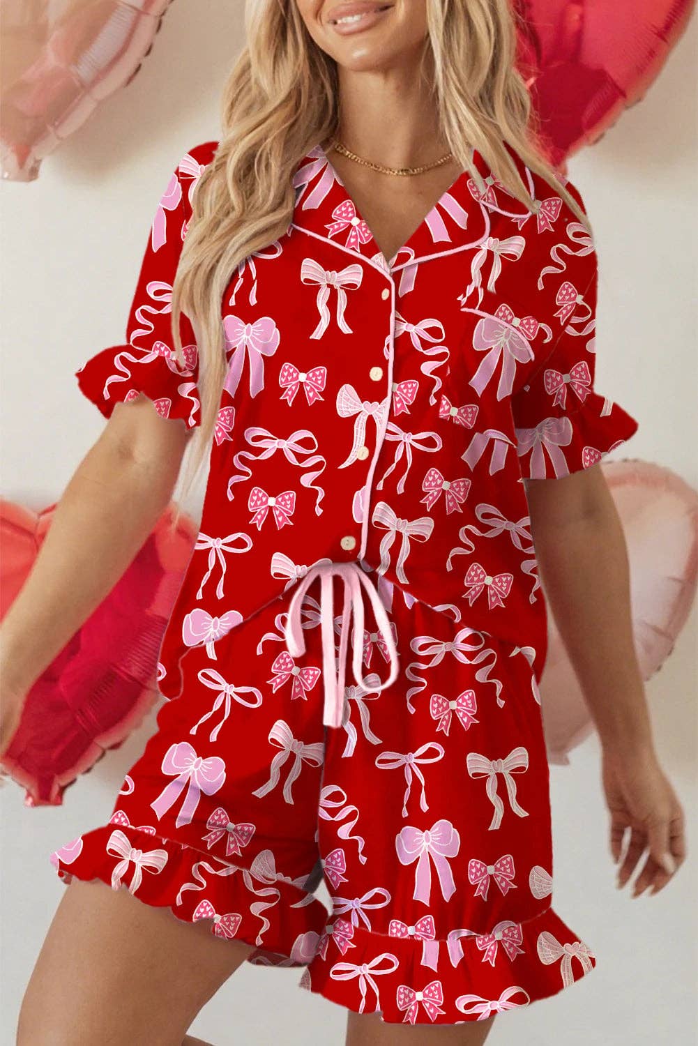 Red Sweet Bow Print Ruffled Pajama Set