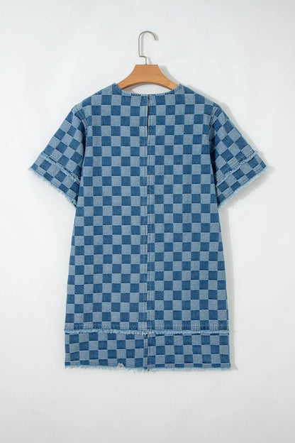 Checker Denim Frayed Hem Dress