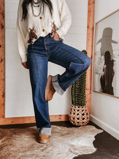 Hem Wide-Leg Front Seam Jeans