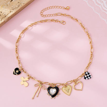 CHARM NECKLACE-BOW CHECKER HEART RHINESTONE